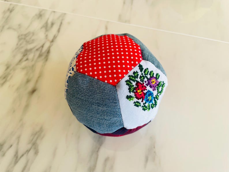 Patchwork Baby Ball: Hand Sewn Cotton Fabric Soft Toy Style 8 - (14.5 inc)