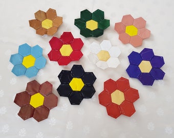 Patchwork hexagon sewn flowers, Taffeta pre made basted patchwork pieces, Embellishments for pillowcase, Quilt block DIY kit, Grandma garden