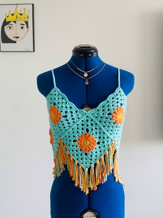 Crop Top En Crochet Con Flequillos Blusa Tejida Crop Top Hecho a Mano Etsy