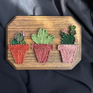 May include: Three potted plants made with string art on a wooden background. The plants are green and pink and the pots are red.