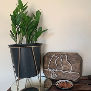 May include: A black plant pot with a gold metal stand, a green plant, and a wooden sign with a wire art design of two cats sitting on a branch. The sign is on a wooden surface with a small bowl of copper-colored coins.