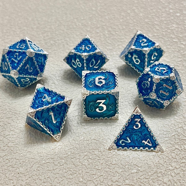 Blue metal Dice, DnD Dice Set, Polyhedral D20 Dice, Dice Set for Dungeons and Dragons, D&D RPG Dice, Dice Gifts