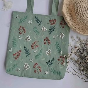 Linen Bag Red White Green Flower Plant Embroidery, Cute Vintage Market Bag, Eco Friendly Grocery Bag, Aesthetic Bag, Handmade Tote Bag image 1