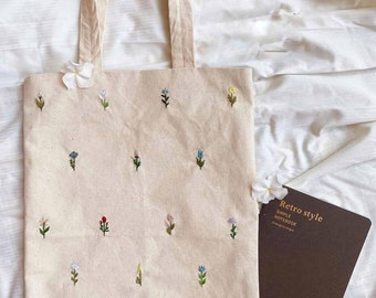 Canvas Bag Small Flowers Embroidery, Hand Embroidered Bag, Cute Market Bag, Eco Friendly Grocery Bag, Aesthetic Bag, Handmade Tote Bag