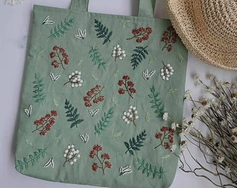 Linen Bag Red White Green Flower Plant Embroidery, Cute Vintage Market Bag, Eco Friendly Grocery Bag, Aesthetic Bag, Handmade Tote Bag