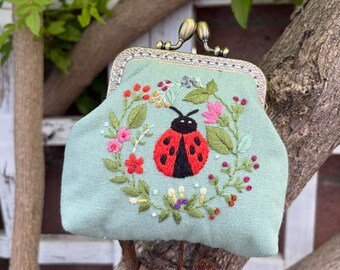 Ladybug Embroidered Denim Coin Purse, Small Change Pouch With Flower Embroidery, Handmade Vintage Women's Coin Purse, Gift For Her