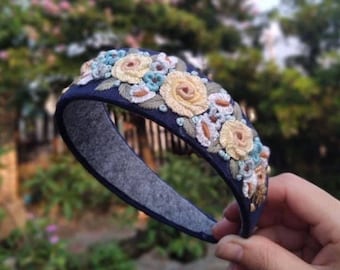 Floral Hand Embroidered Linen Headband. Handmade Navy Blue Hairband with Flowers Embroidery. Cute Hair Accessories for
