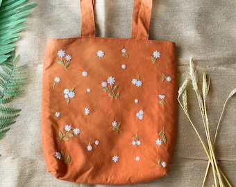 Hand Embroidered Daisy Orange Linen Bag, Cute Market Bag, Eco Friendly Grocery Bag, Aesthetic Bag, Handmade Tote Bag