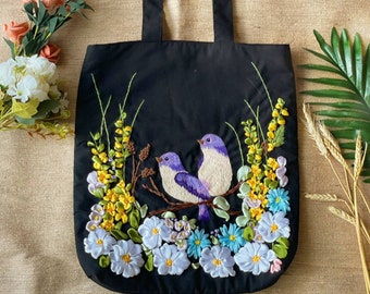 Sac en lin brodé avec ruban oiseau, joli sac de marché brodé à la main, sac de courses écologique, sac esthétique, cadeau pour elle