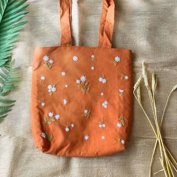 Handgeborduurde madeliefje oranje linnen tas, schattige markttas, milieuvriendelijke boodschappentas, esthetische tas, handgemaakte draagtas