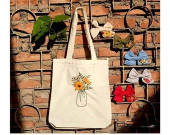 Draagtas geborduurde bloemenvaas, eco-vriendelijke draagtas, schattige draagtas, linnen draagtas, linnen draagtas, linnen draagtas, canvas draagtas, kousvuller