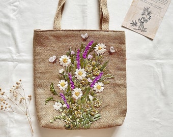 Ribbon Embroidered Flower Garden Jute Bag, Cute Embroidery School Bag, Eco Friendly Grocery Bag, Aesthetic Bag, Handmade Tote Bag