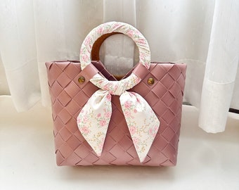Pink Woven Plastic Mini Tote Bag With Silk Scarf, Recycled Plastic Clutch, Aesthetic Bag, Cute Mini Tote
