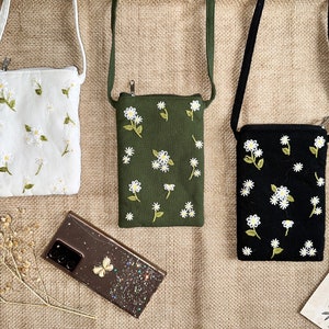 Sac bandoulière pour téléphone avec marguerites brodées, Jolie pochette pour téléphone, Porte-cartes en papier, Porte-monnaie pour téléphone portable, Support pour téléphone, Mini sac à main porté épaule