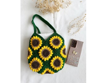 Mini sac fourre-tout tournesol crocheté à la main, joli sac carré grand-mère au crochet, sac esthétique écologique, sac seau fait main, sac vert