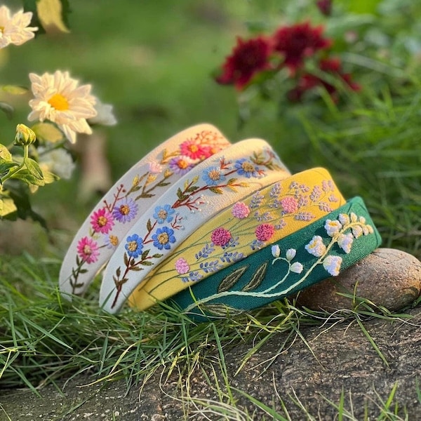 Floral Embroidered Headband, Linen Turban, Spring Summer Hair Accessories, Cute Embroidery Hairband, Ariella Collection