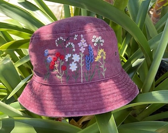 Flower Garden Embroidered Bucket Hat, Floral Bucket Hat, Handmade Summer Hat, Cottagecore Hat, Lightweight Travel Hat