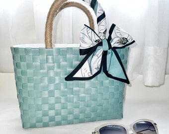 Blue Woven Plastic Tote Bag With Silk Scarf, Recycled Plastic Tote, Aesthetic Bag, Handmade Tote Bag
