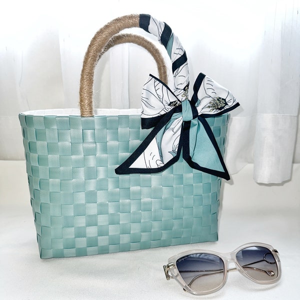 Blue Woven Plastic Tote Bag With Silk Scarf, Recycled Plastic Tote, Aesthetic Bag, Handmade Tote Bag