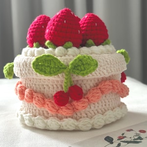 Crochet Strawberry Birthday Cake Box, Cute Storage Box