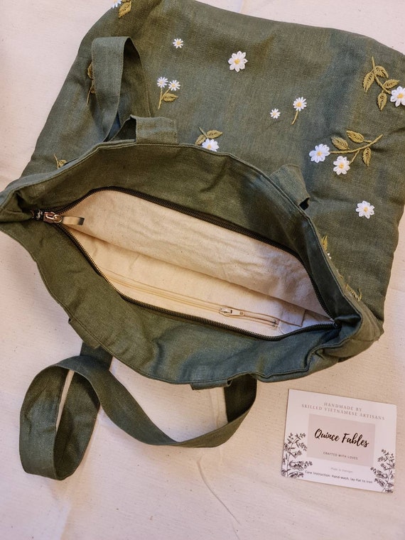 Hand Embroidered Sunflower Linen Bag, Cute Small Sunflower