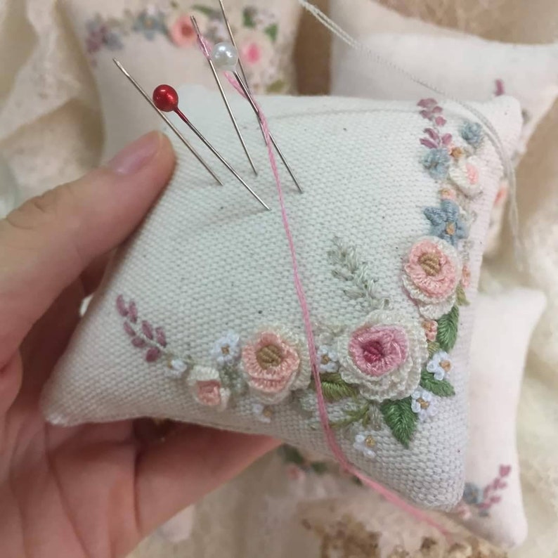 Roses Flower Embroidered Pin Cushion Handmade, Square Pincushion, Pin Accessory, Pin Keeper, Sewing Room Decor, Gift for Her image 3