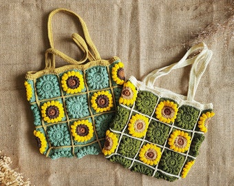 Hand Crochet Sunflower Mini Tote Bag, Cute Crochet Granny Square Bag, Eco Friendly Aesthetic Bag, Handmade Bucket Bag