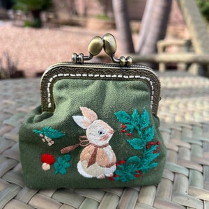 Rabbit Embroidered Denim Coin Purse, Small Change Pouch With Flower Embroidery, Handmade Vintage Women's Coin Purse, Gift For Her image 3