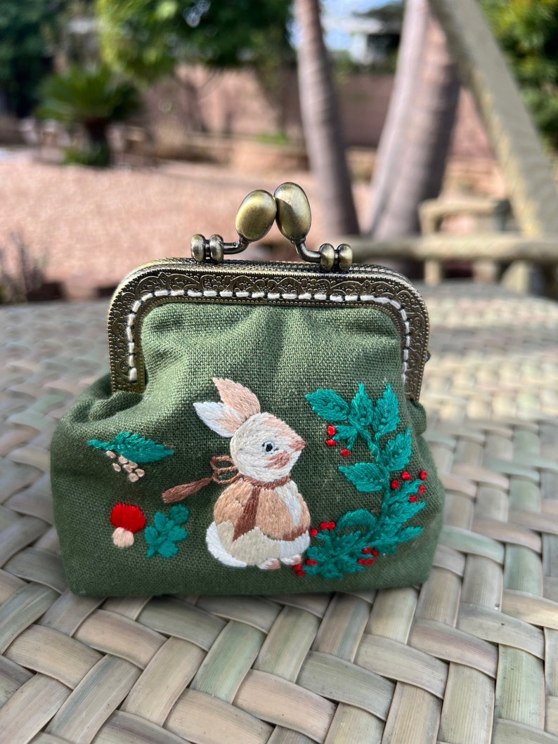 Rabbit Embroidered Denim Coin Purse, Small Change Pouch With Flower Embroidery, Handmade Vintage Women's Coin Purse, Gift For Her image 3