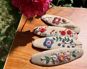 Flower Garden Embroidered Hair Barrettes For Women Girl, Spring Summer Embroidered Hair Clip, Flower Snap Clips, Handmade Hairclip