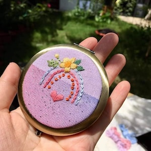 Floral Gate Embroidered Compact Mirror, Vintage Makeup Mirror, Gift For Her, Aesthetic Bridesmaid Gift, Bridesmaid Compact Mirror