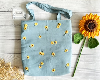 Hand Embroidered Sunflower Linen Bag, Cute Small Sunflower Embroidery Market Bag, Eco Friendly Grocery Bag, Aesthetic Bag, Handmade Tote Bag