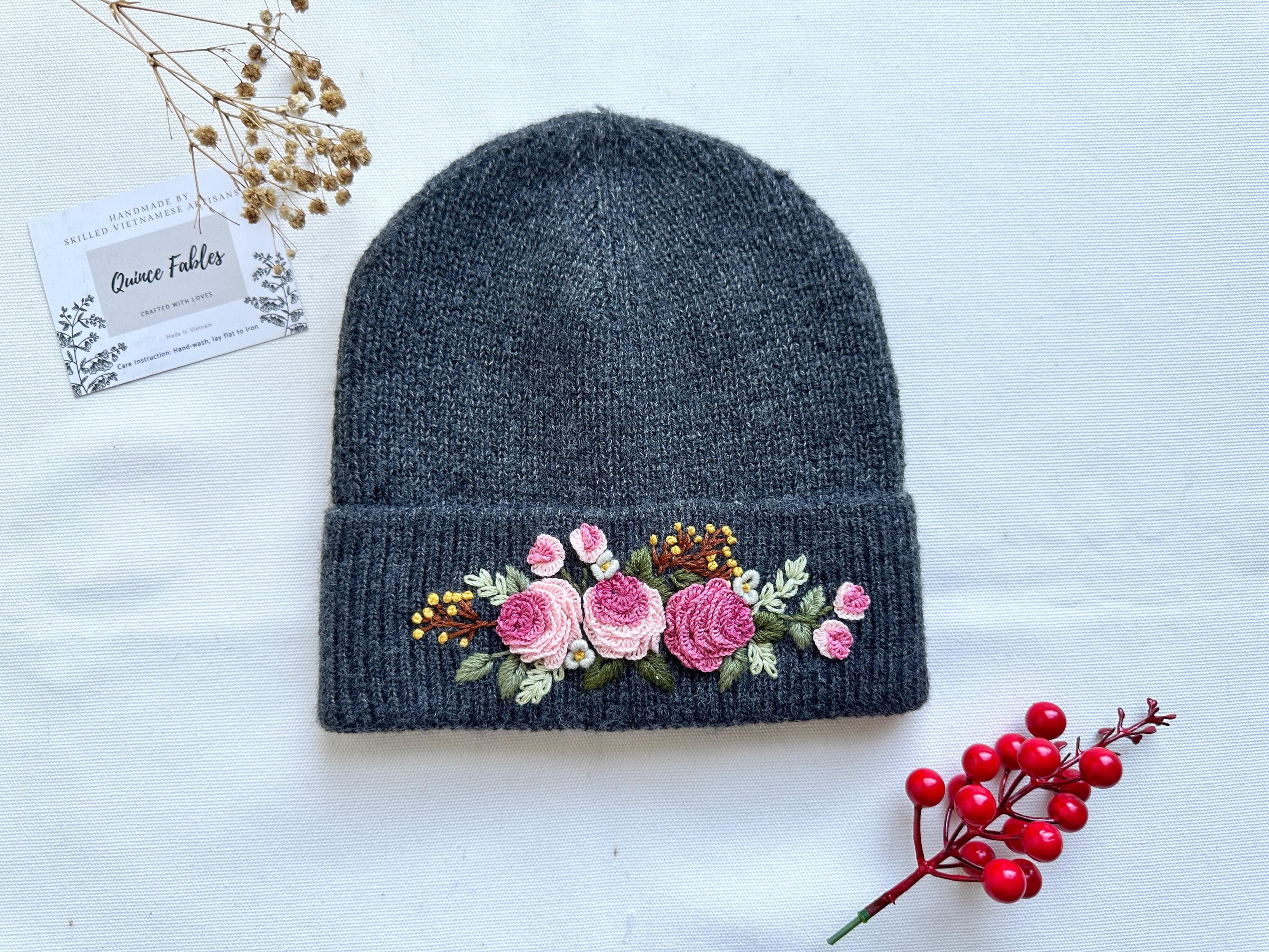 Hand-embroidered Beanie Hat With Mushroom Sunflower Roses