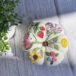 Flower Garden Embroidered Pin Cushion, Handmade Round Pumpkin Pincushion, Pin Accessory, Pin Keeper, Sewing Room Decor, Gift for Her