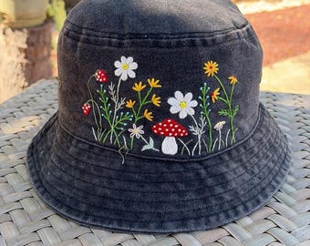 Mushroom Garden Embroidered Bucket Hat, Floral Bucket Hat, Handmade Summer Hat, Cottagecore Hat, Lightweight Travel Hat