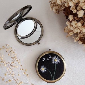 Floral Embroidered Compact Mirror, Vintage Makeup Mirror, Gift For Her, Aesthetic Bridesmaid Gift, Bridesmaid Compact Mirror, Collection 1 5. Dandellion