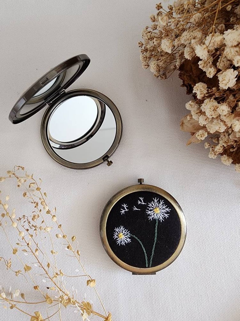 Floral Embroidered Compact Mirror, Vintage Makeup Mirror, Gift For Her, Aesthetic Bridesmaid Gift, Bridesmaid Compact Mirror, Collection 1 image 8