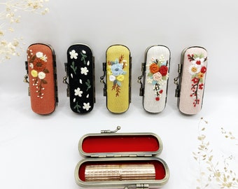 Floral Embroidered Lipstick Case, Handmade Lipstick Organizer, Vintage Lipstick Holder, Unique Gift For Her