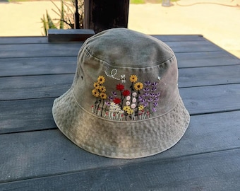 Flower Garden Embroidered Bucket Hat, Floral Bucket Hat, Handmade Summer Hat, Cottagecore Hat, Lightweight Travel Hat