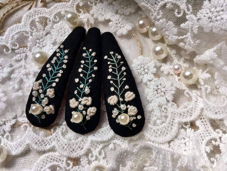 Lavender Baby Breath Pearl Embroidered Hair Barrettes For Women Girl, Embroidered Hair Clip, Flower Snap Clips, Handmade Hairclip 4. White Flower