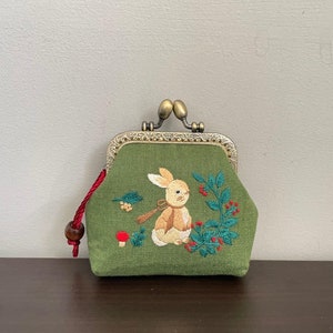 Rabbit Embroidered Denim Coin Purse, Small Change Pouch With Flower Embroidery, Handmade Vintage Women's Coin Purse, Gift For Her image 1