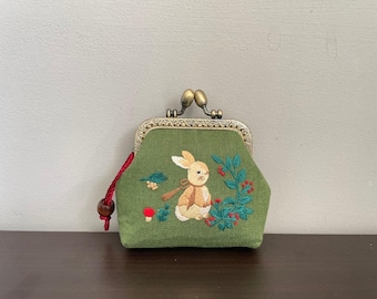 Porte-monnaie en denim brodé de lapin, petite pochette pour la monnaie avec broderie de fleurs, porte-monnaie vintage pour femme fait main, cadeau pour elle