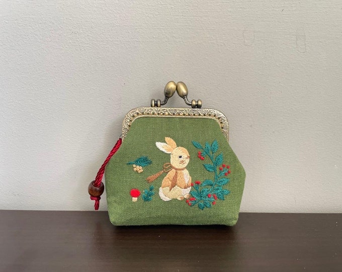 Rabbit Embroidered Denim Coin Purse, Small Change Pouch With Flower Embroidery, Handmade Vintage Women's Coin Purse, Gift For Her