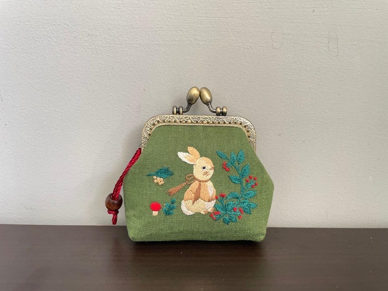 Rabbit Embroidered Denim Coin Purse, Small Change Pouch With Flower Embroidery, Handmade Vintage Women's Coin Purse, Gift For Her image 1