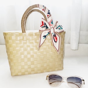 Light Beige Woven Plastic Tote Bag With Silk Scarf, Recycled Plastic Tote, Aesthetic Bag, Handmade Tote Bag
