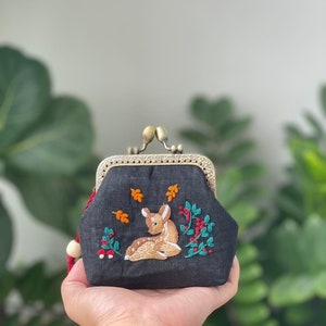 Deer Embroidered Denim Coin Purse, Small Change Pouch With Flower Embroidery, Handmade Vintage Women&#39;s Coin Purse, Gift For Her