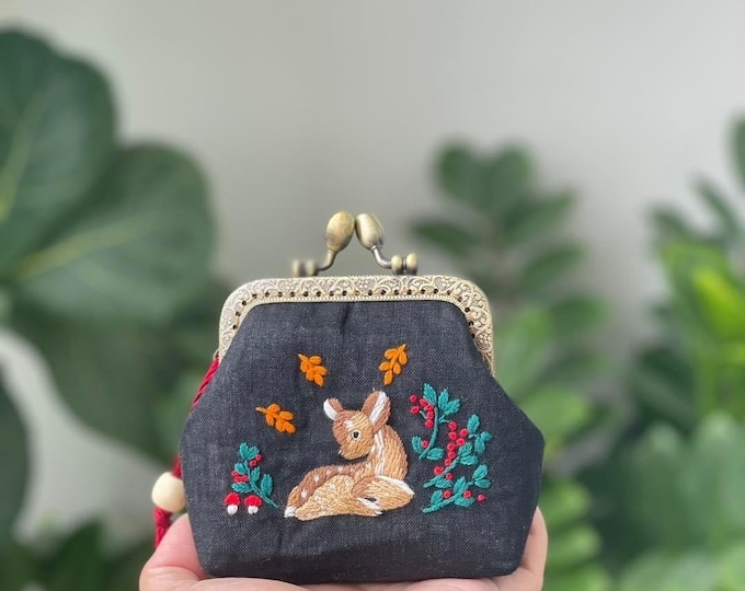 Deer Embroidered Denim Coin Purse, Small Change Pouch With Flower Embroidery, Handmade Vintage Women's Coin Purse, Gift For Her