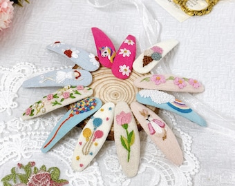 Set of 2 Embroidered Hair Clip For Girls,  Unicorn Rabbit Rainbow Balloon Ice Cream Ballerina Embroidered Snap Clips, Handmade Hairclip