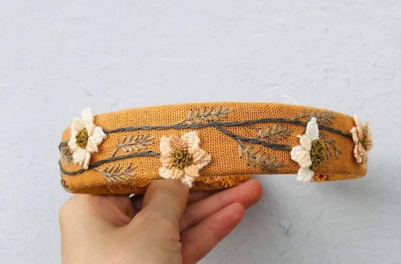 Floral Embroidered Headband, Linen Turban, Vintage Boho Hair Accessories, Cute Embroidery Hairband 7. Mustard Yellow