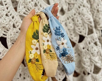 Floral Hand Embroidered Linen Turban. Handmade Hair Turban, Cherry Blossom Flower Embroidery. Cute Hair Accessories for Girls Women
